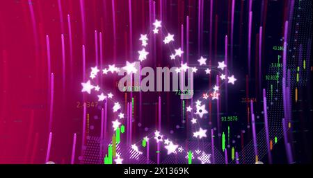 Image of data processing and stars over light trails on purple background Stock Photo