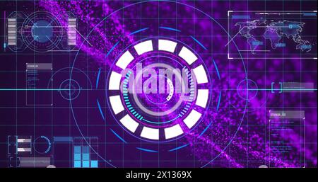 Image of data processing with scope scanning over light spots on black background Stock Photo