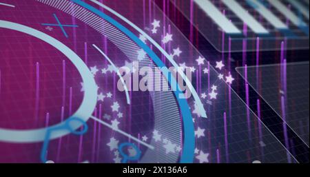 Image of data processing and stars over light trails on purple background Stock Photo
