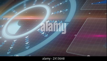 Image of data processing over light trails on purple background Stock Photo