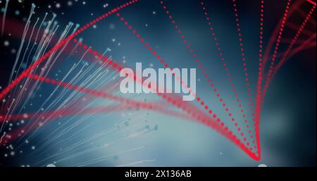 The image of a 3d dna strand, formed with red glowing particles spinning on a black background, is a Stock Photo