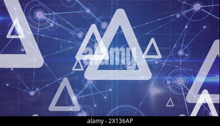 Image of triangles over network of connections on blue background Stock Photo