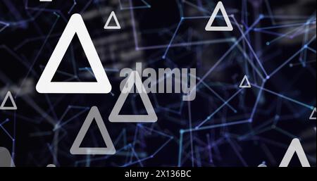 Image of triangles over network of connections and data processing on black background Stock Photo