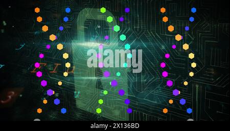 Image of data processing over dna strands and padlock Stock Photo