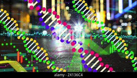 Image of data processing over dna strands and cityscape Stock Photo