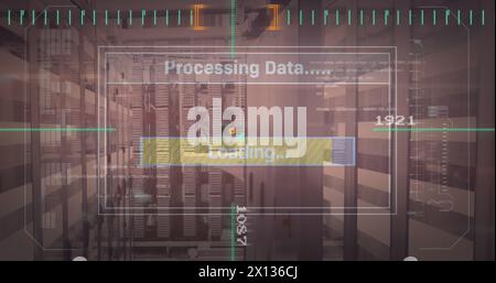 The digital interface with data processing is shown against an orange background the data processing Stock Photo