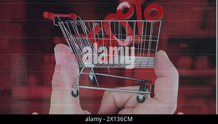 Image of data processing over 50 percent and hand with shopping cart Stock Photo