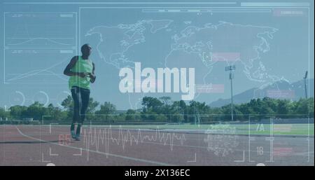 Image of digital screen over african american man with running blade training at stadium Stock Photo