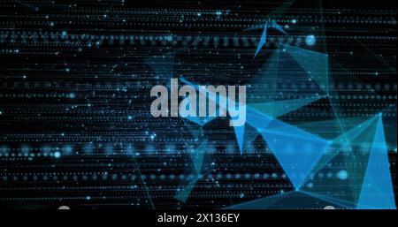 Image of dots connected and forming geometric shapes and flying over black background Stock Photo