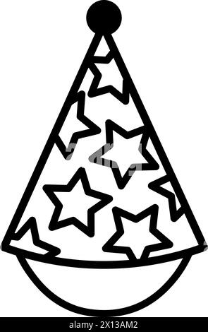 Headdress cone cap decorated with star pattern, birthday party symbol. Outline of festive cone cap for design of children entertainment center. Simple Stock Vector