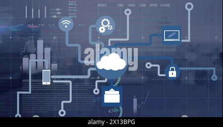 Image of network of connections with icons, computer data processing Stock Photo