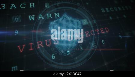 Image of cloud, lock, shield in circles with multiple texts, number and symbols on grid Stock Photo