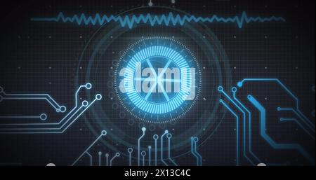 Image of soundwave, circuit board pattern and rotating abstract pattern against black background Stock Photo