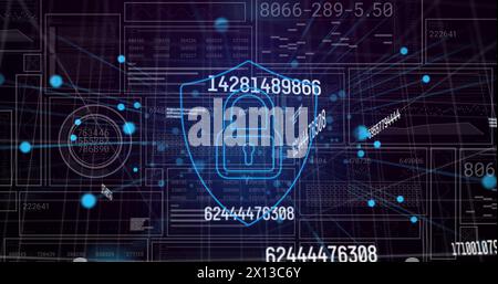 Image of changing numbers and security padlock icon against interface with data processing Stock Photo