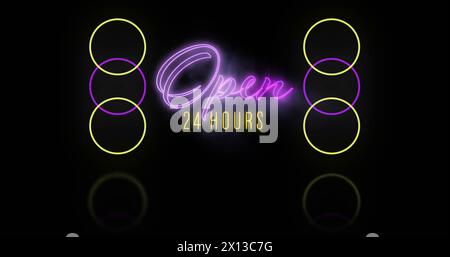 Image of open 24 hours text over neon circles on black background Stock Photo