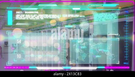 Image of interface with data processing and yellow spots floating over computer server room Stock Photo
