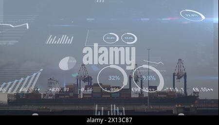 Image of data processing and stock market over port Stock Photo