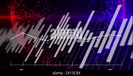 Image of data processing over globe of red and blue spots Stock Photo