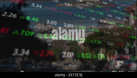 Image of data processing and stock market over city Stock Photo