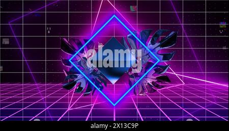 Image of interference over neon shapes with leaves and lines on black background Stock Photo