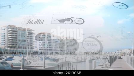Image of financial data processing over yachts in port Stock Photo