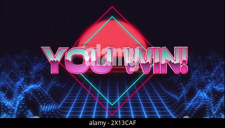 Image of you win text over neon lines over metaverse on dark background Stock Photo