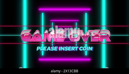 Image of game over text, please insert coin text over illuminated lopping square tunnel Stock Photo