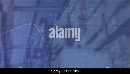 Image of multiple graphs and trading board moving over modern building in city Stock Photo