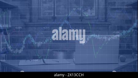 Image of multiple graphs moving over laptop with report and eyeglasses placed on desk in office Stock Photo