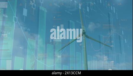 Image of firewall icon in loading circles and graphs over rotating windmill against cloudy sky Stock Photo