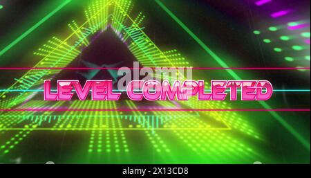 Image of level completed text over triangular looping tunnel against black background Stock Photo