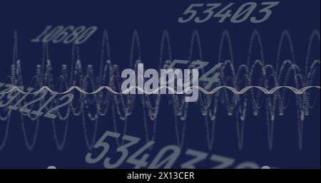 Image of graphs and multiple changing numbers against blue background Stock Photo