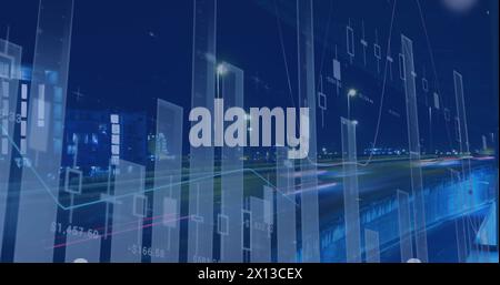 Image of multiple graphs over time-lapse of vehicles moving on modern bridge in city at night Stock Photo