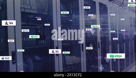 Image of notification with numbers icons over data server racks Stock ...