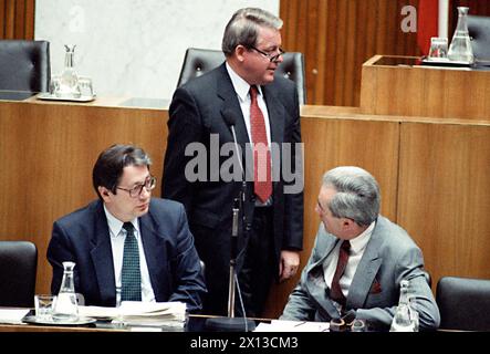 EU debate in Austria's parliament on May 4th 1994: 374 representatives of the EU Parliament voted for Austria's accession to the European Union, 24 against and 61 abstained from voting. In the picture (l-r): Finance minsiter Ferdinand Lacina, Federal Chancellor Franz Vranitzky and foreign minister Alois Mock. - 19940504 PD0003 - Rechteinfo: Rights Managed (RM) Stock Photo