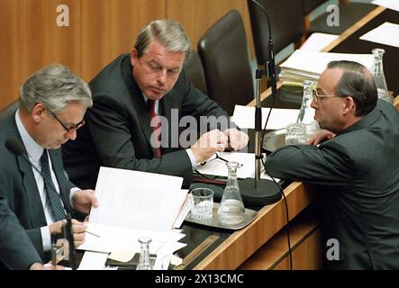 EU debate in Austria's parliament on May 4th 1994: 374 representatives of the EU Parliament voted for Austria's accession to the European Union, 24 against and 61 abstained from their vote. Picture (l.-r.): Vice Chancellor Erhard Busek, Chancellor Franz Vranitzky and chairman of the SPOE parliamentary faction Willi Fuhrmann. - 19940504 PD0011 - Rechteinfo: Rights Managed (RM) Stock Photo