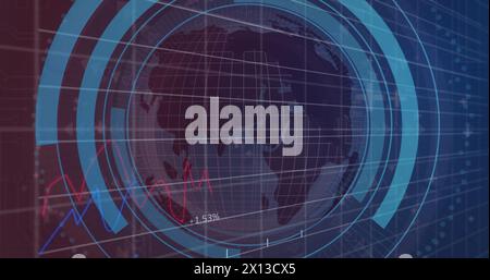 Image of padlock and credit card in loading circles over graphs and globe Stock Photo