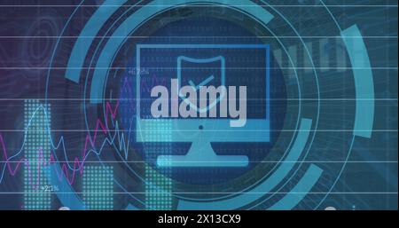 Image of statistical data processing over computer icon on round scanner against data processing Stock Photo