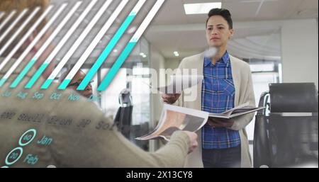 Image of graph, globe and computer language over diverse coworkers sharing ideas in office Stock Photo