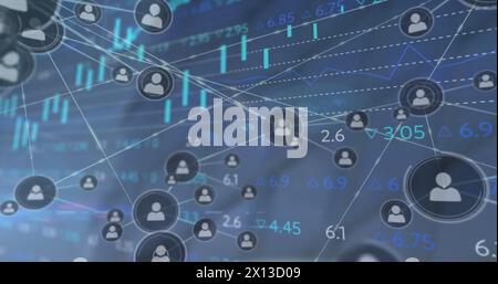 Image of network of connections with icons and financial data processing Stock Photo