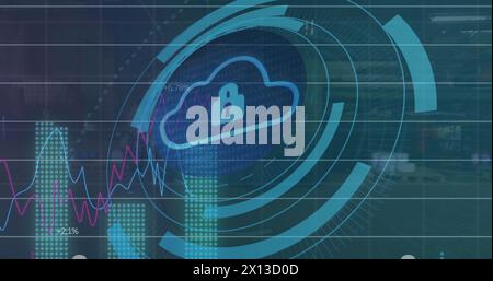 Image of padlock, binary codes, cloud in loading circles with graphs over warehouse Stock Photo