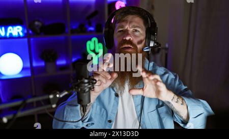 Young redhead man streamer wearing headphones speaking at gaming room Stock Photo
