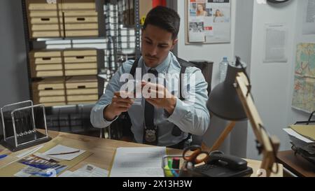 A focused young hispanic man with a beard, wearing a detective badge, examines evidence in a police department office. Stock Photo