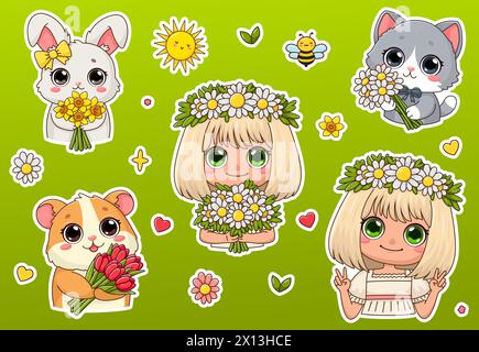 Set of stickers with cute animals and girl holding spring flowers - tulips, daffodils, daisies. Cartoon characters and decorative elements. Hello spri Stock Vector