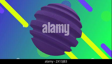 Image of 3d purple massage ball icon rotating over abstract shapes on green and blue background Stock Photo