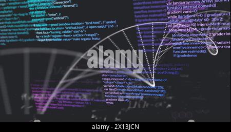 Image of dna strand and data processing over dark background Stock Photo
