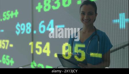 Image of data processing over caucasian female doctor Stock Photo