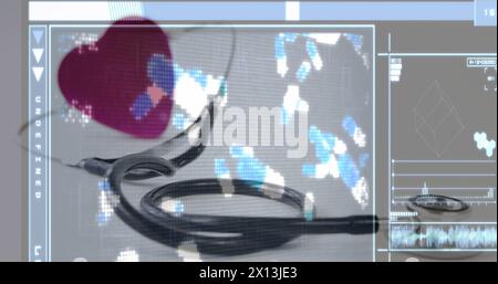 Image of screens with medical data processing over heart and stethoscope Stock Photo