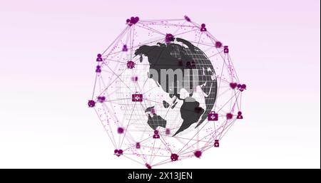 Image of web of connections with icons floating over spinning globe on a white background Stock Photo