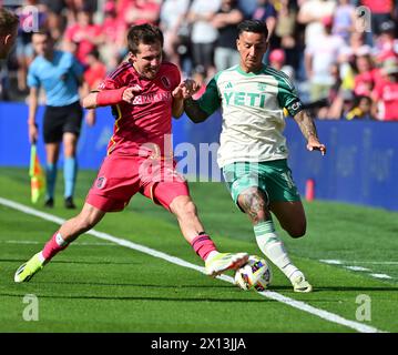 St. Louis, USA. 14th Apr, 2024. St. Louis City forward Indiana Vassilev (19, left) and Austin FC forward Sebastián Driussi (10) vie for the ball. STL City hosted Austin FC in a Major League Soccer game at STL City Stadium in St. Louis, MO on Sunday April 14, 2024. Photo by Tim Vizer/Sipa USA Credit: Sipa USA/Alamy Live News Stock Photo